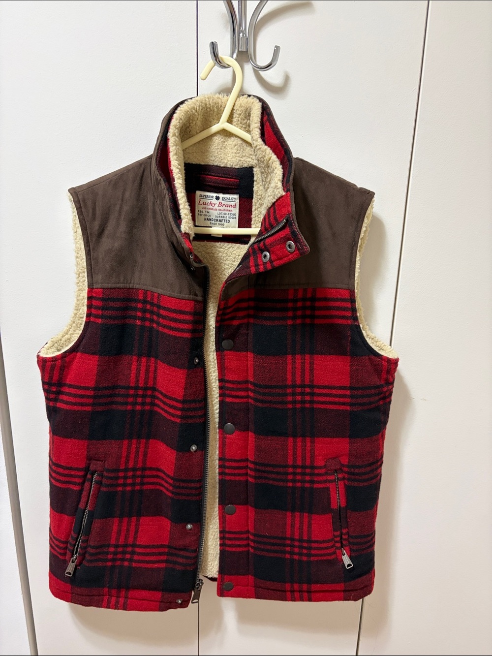 Lucky Brand Red and Black Plaid Sherpa-Lined Vest with Brown Shoulders